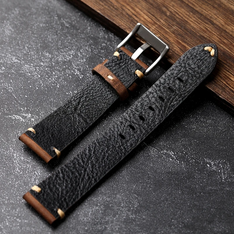 Vintage Handgefertigtes Echtleder-Uhrenarmband 18 20 22MM Antik Braun Schwarz Weiches Herren-Uhrenarmband – Detail 8