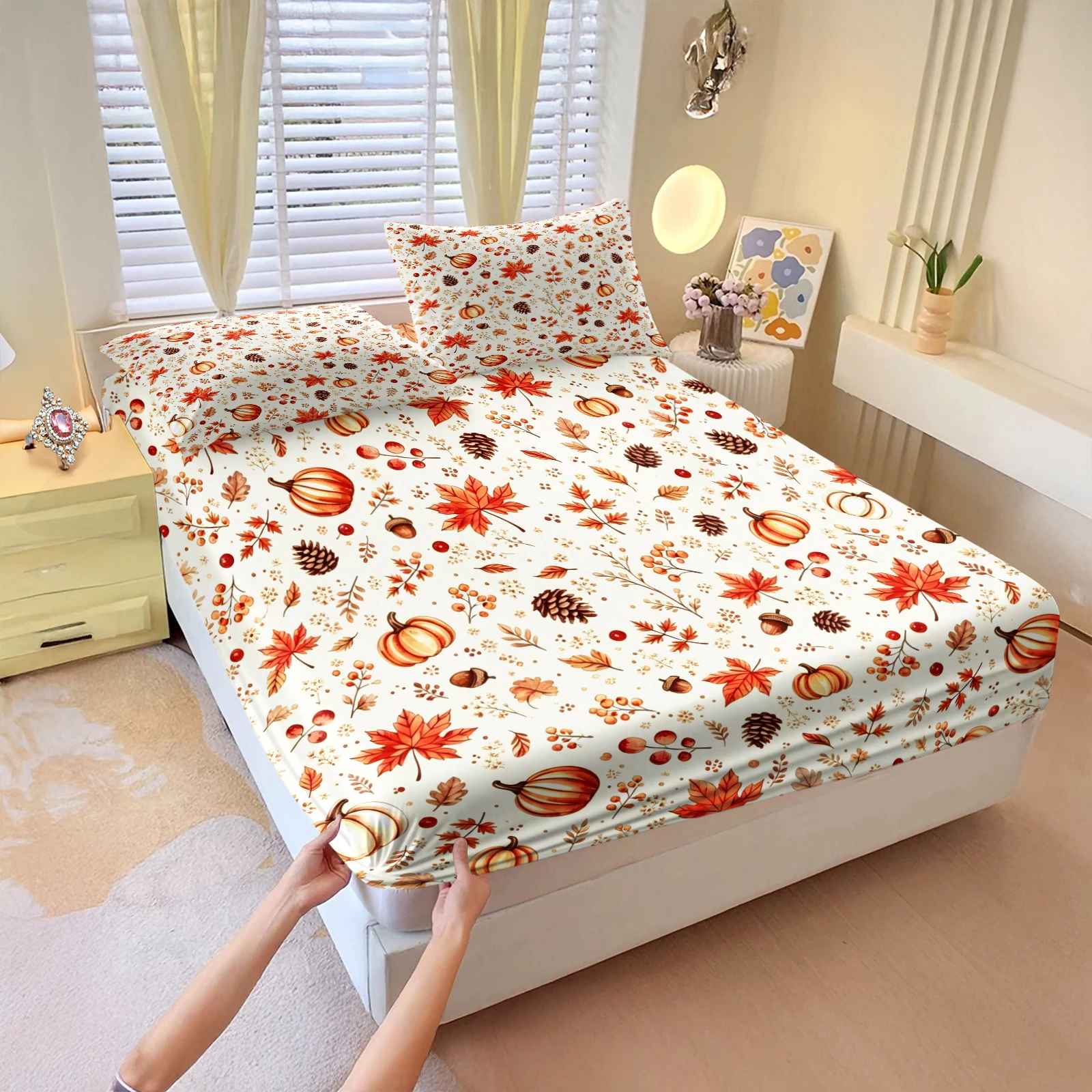 Autumn Pumpkin Maple Leaf Fitted Sheet Set Soft Elastic Deep‑Pocket Bed Sheet With Pillowcase Thanksgiving Fall Harvest Bedroom