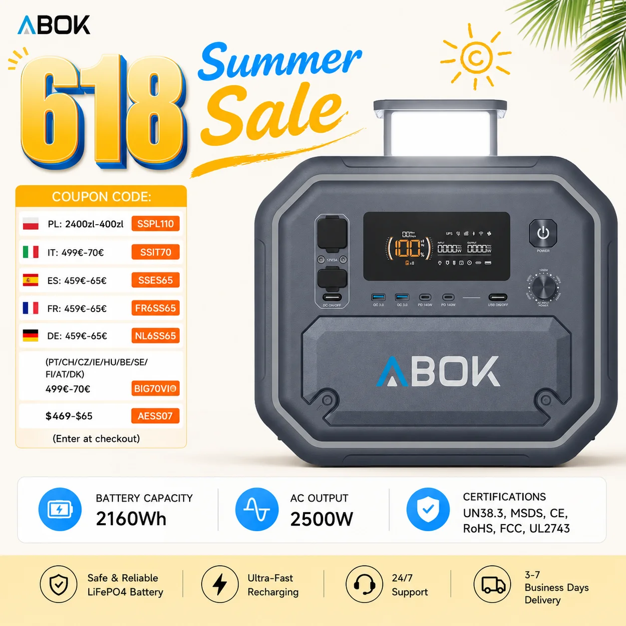 Stacja zasilania ABOK 2500W, generator solarny AC, bateria LiFePO4 2160Wh, ponad 4000 cykli ładowania, do zasilania domowego, na kemping, w sytuacjach awaryjnych.