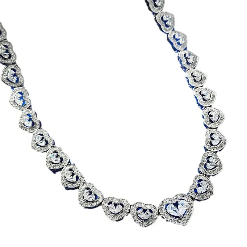 S925 Silver Heart Full Diamond Necklace Collar Chain Luxury Fashion Celebrity Style