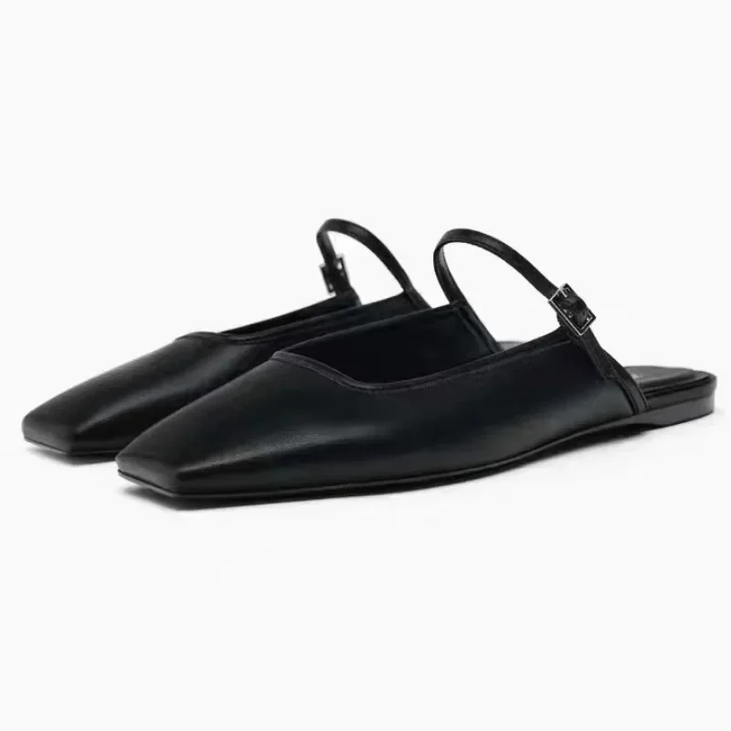 2024 Zomer Muiltjes Schoenen Voor Vrouwen Luxe Slik Mode Effen Vierkante Neus Casual Dame Platte Sandalen Nieuw Design Slingback Schoeisel