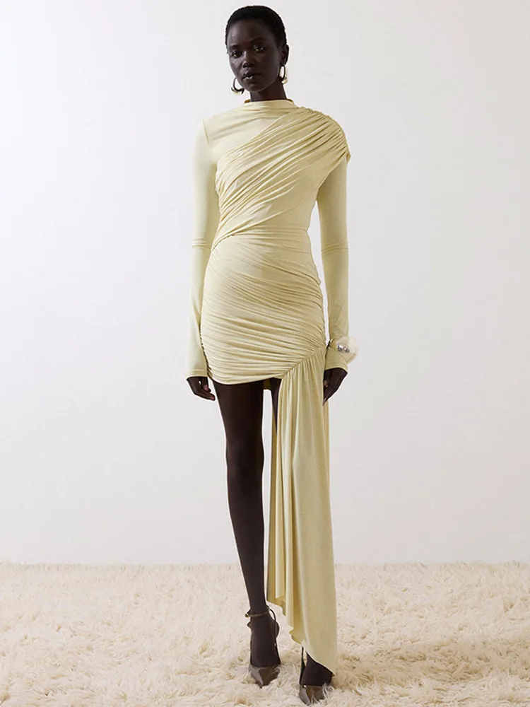 Absobe Women Elegant Ruched Mini Dress O-Neck Long Sleeve Draped Ribbon Bodycon Prom Party Evening Dresses Sexy Party Outfit