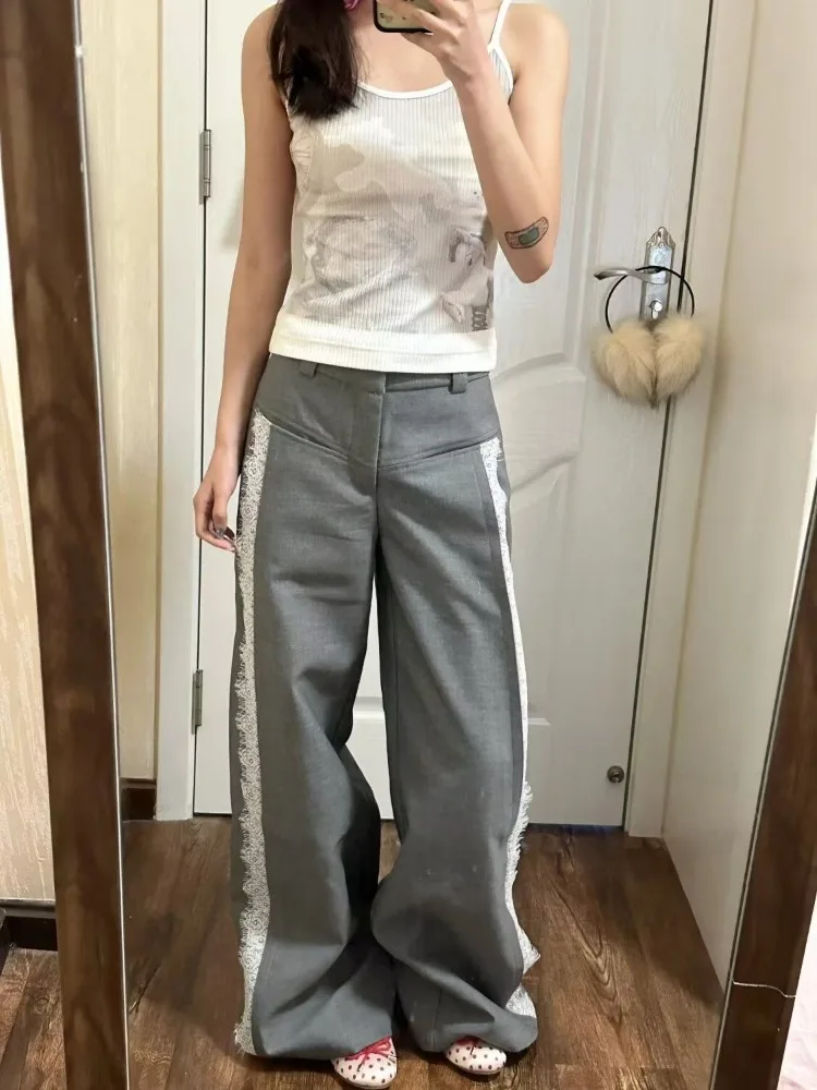 HOUZHOU-pantalones de vestir de encaje Vintage para mujer, traje de cintura alta, pierna ancha, gris, holgado, Y2k, informal, elegante, ropa de