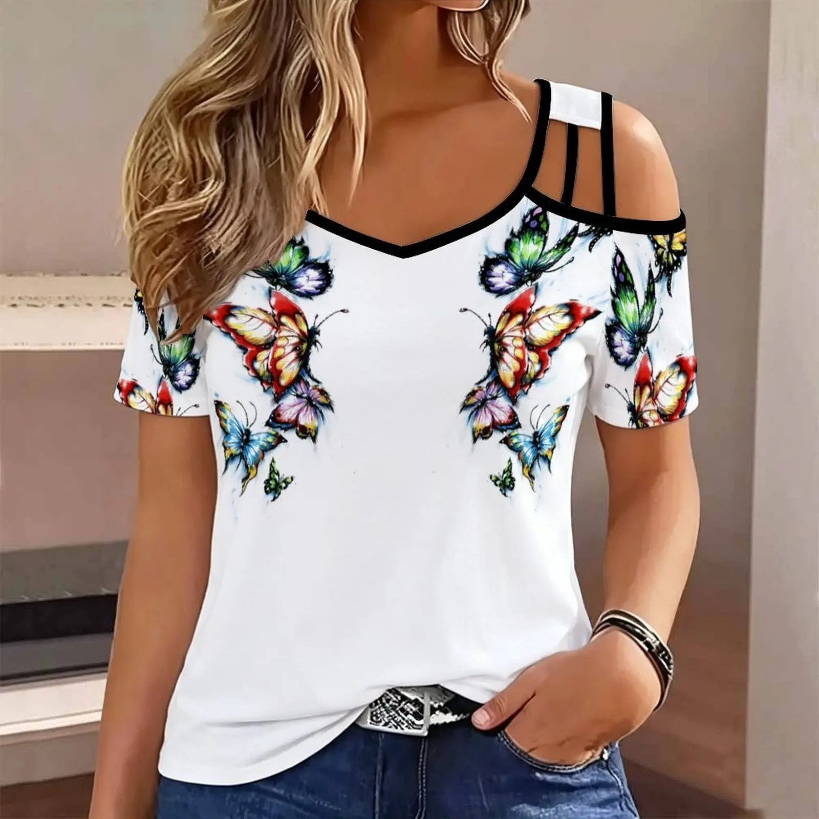 Plus Size Elegance Slim Print Cold Shoulder Top  Summer Ladies V Neck Short Sleeve T-shirt Fashion Casual Female Clothing