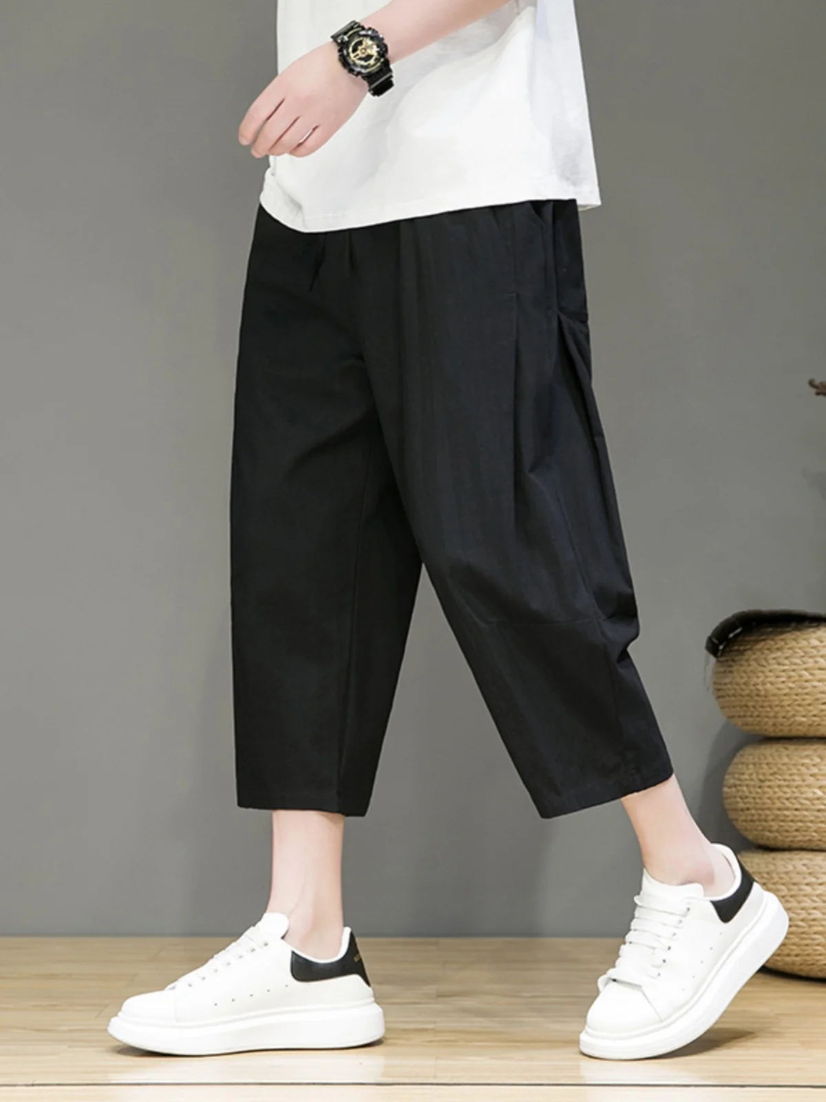 

Cleanfit Men's Bla Pleated Seven-Foot Pants Spring Summer Casual Straight Leg Wide Leg Harem Pants Loose Fit Youthful Sle