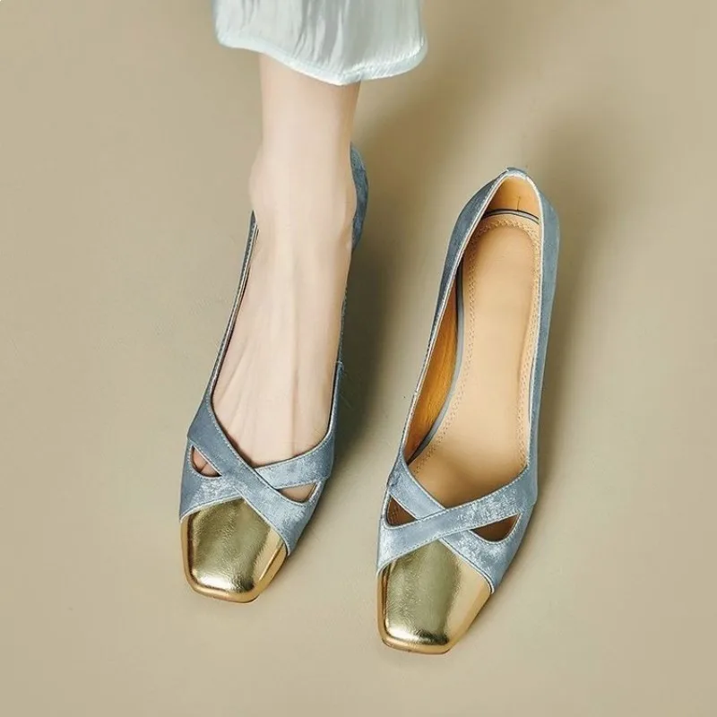 Spring Summer Women's Shoes Elegant Hollow Square Toe Block Heel Pumps, Blue Gold Cross Strap Vintage Mid Heel Dress Sandals