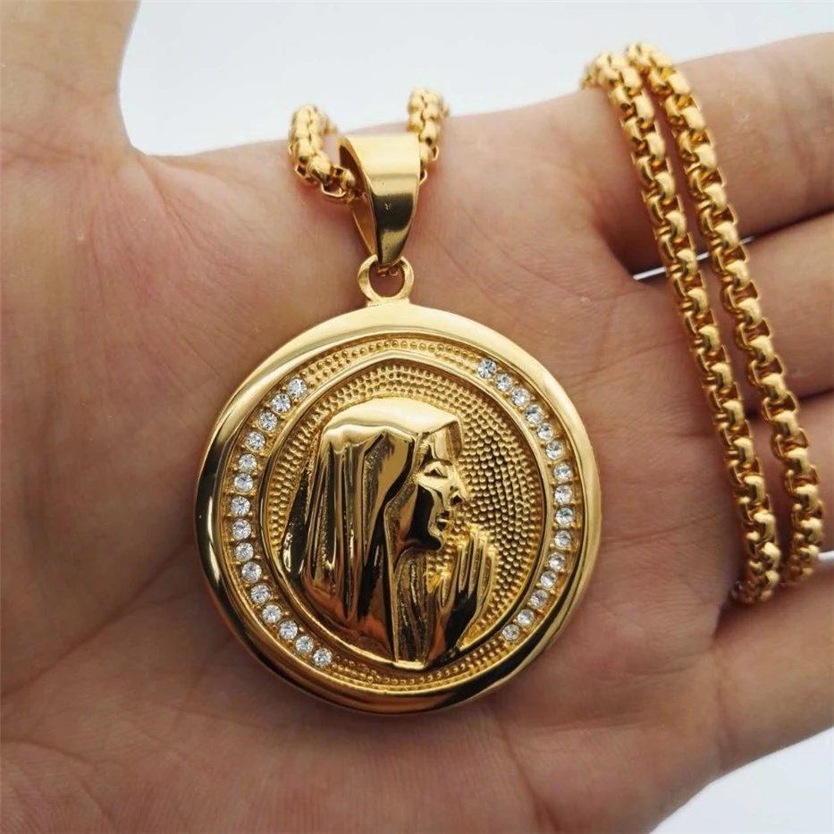 Duży okrągły wisiorek z maryją naszyjnik dla kobiet mężczyzn złoty kolor Madonna naszyjnik religijna chrześcijańska biżuteria ze stali nierdzewnej