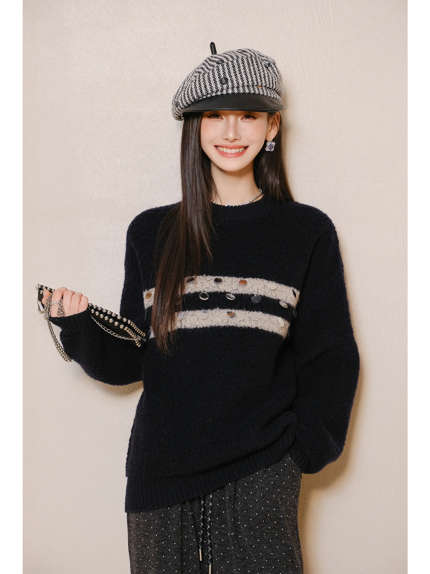 

MIUCO Women's Oversized Comfortable Knitted Sweater Retro Striped Color Blo Hoodie Soft Warm Outerwear round Ne Long Sve