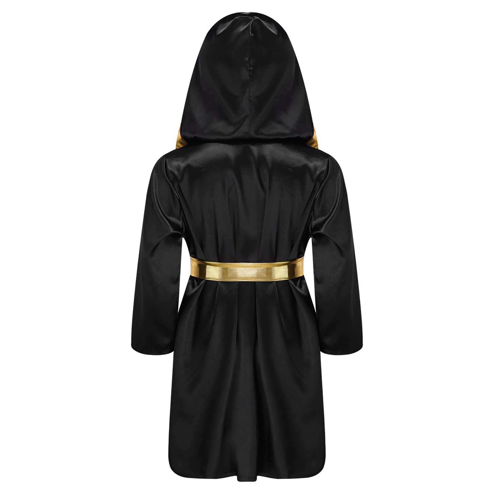 Kids Boys Boxer Costume Halloween Cosplay Uniforms Metallic Trim Long Sleeve Boxing Robes with Belt Shiny Satin Hooded Cloak