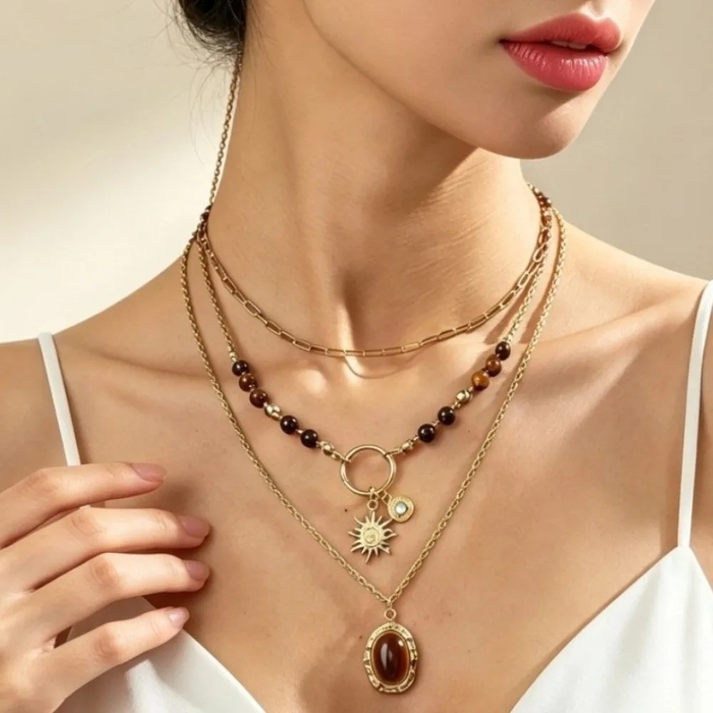 3pcs/set Maillard Color Multi-Layer Necklace Alloy Texture Random Pendant Necklace Set Geometric Oval Tiger Eye Stone