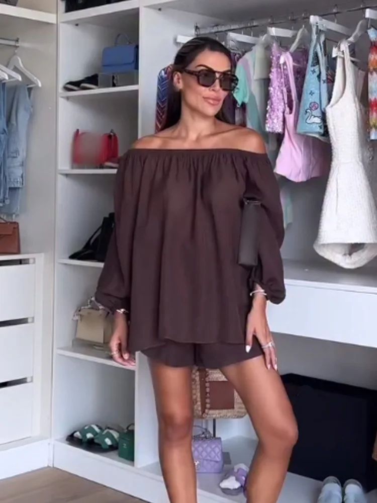 Hh moda feminina manga longa orvalho ombro decoração topo + bolsos cintura elástica cordão mini sólido verão curto conjunto mujer