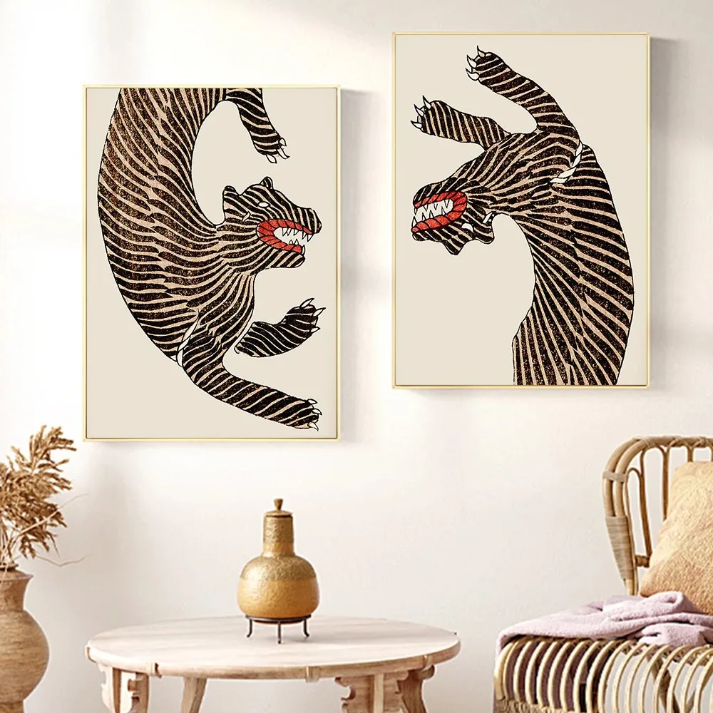 Tiger Poster Japanese Style Animal Canvas Painting Vintage Asian Art Print Minimalist Wall Picture for Living Bedroom Home Decor