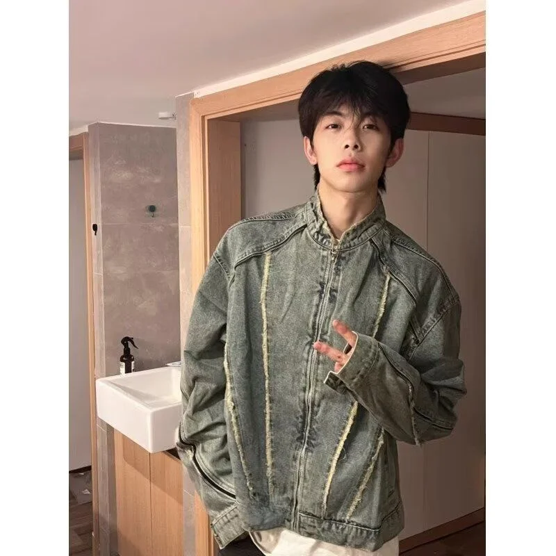 

Мужское джинсовое джинсовое пальто в стиле ретро с американской талией и воротником-стойкой на молнии, мотоциклетное зимнее пальто с кисточками