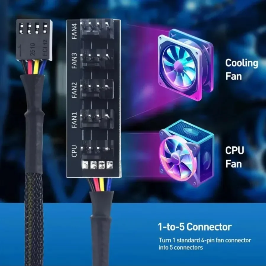 4 Pin PC CPU Cooling FAN HUB 1 to 5 PWM FAN Power Cable Adapter 1 to 4 Fan Hub Sleeved Splitter for Computer Cooler Case Fans