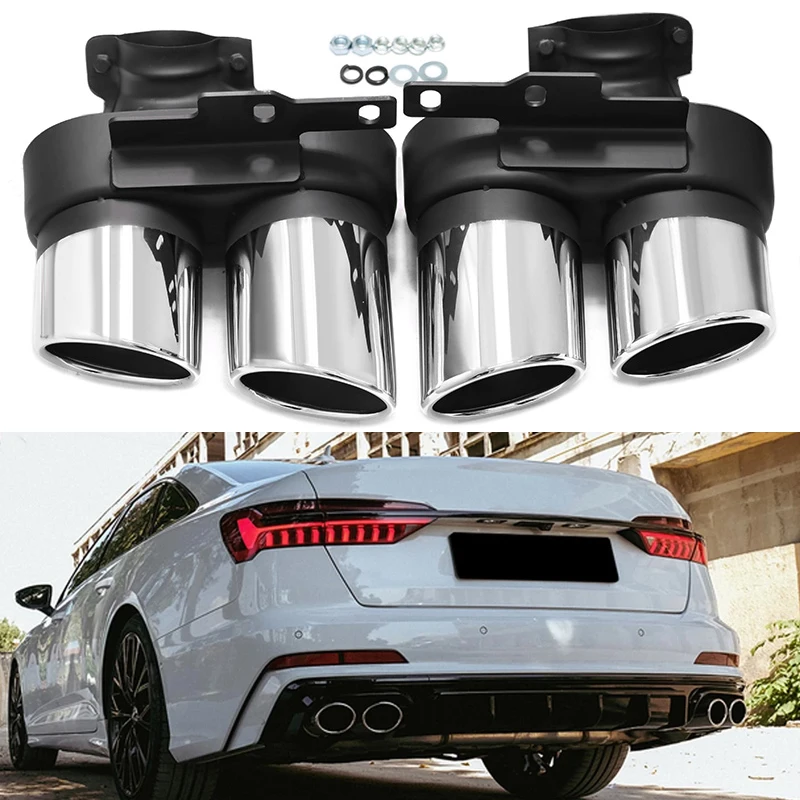 Decorative Quad Exhaust Tailpipe For Audi A6 A7 C8 2018-2024 Upgrade S6 S7 Style Stainless Steel Muffler Tip Exhaust