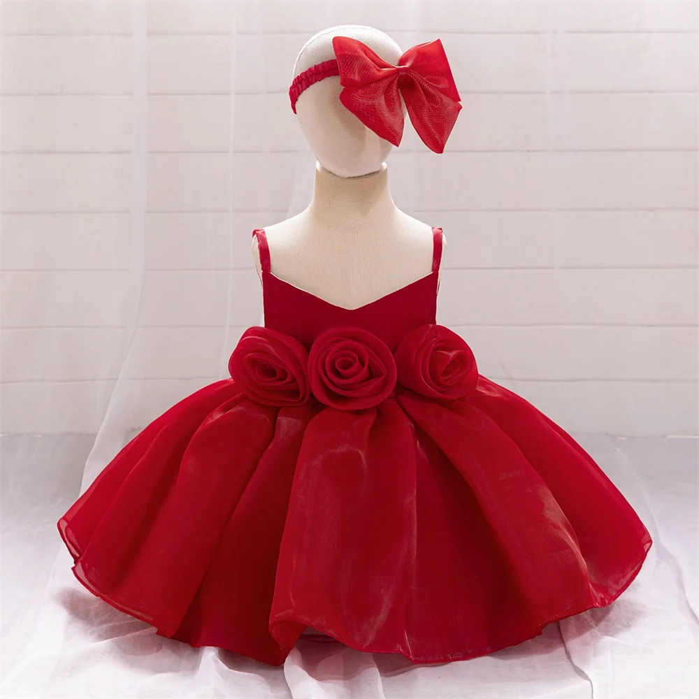 Vestido rosa de Ceremonia de flores grandes para niña, ropa de 1er cumpleaños para bebé, vestido de tutú de princesa de bautismo, vestidos para