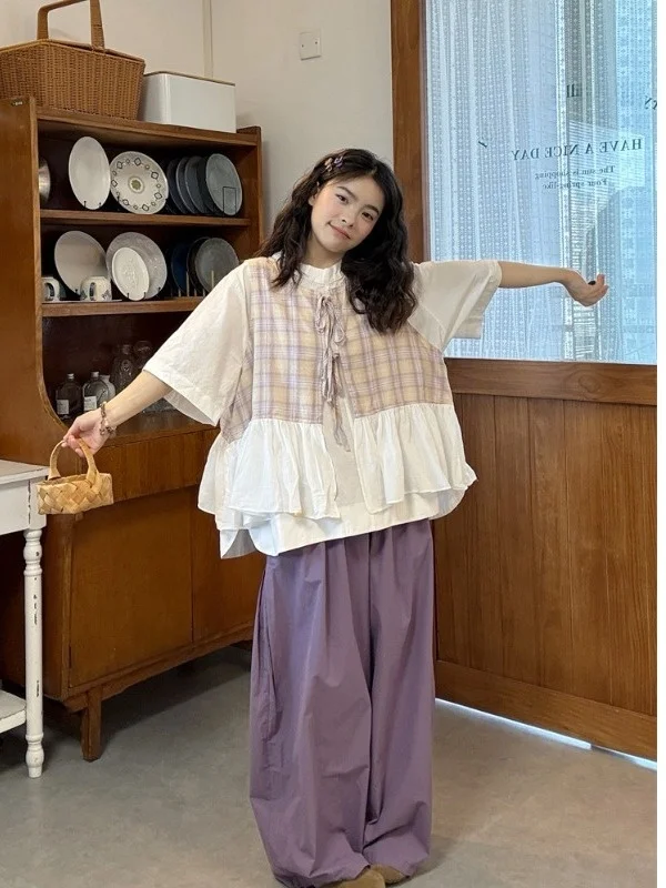 

plus Size Women's Retro Japanese Plaid Color Blo irt ort Sve High Waist Wide Leg Pants Summer Faion Set Korean Sle