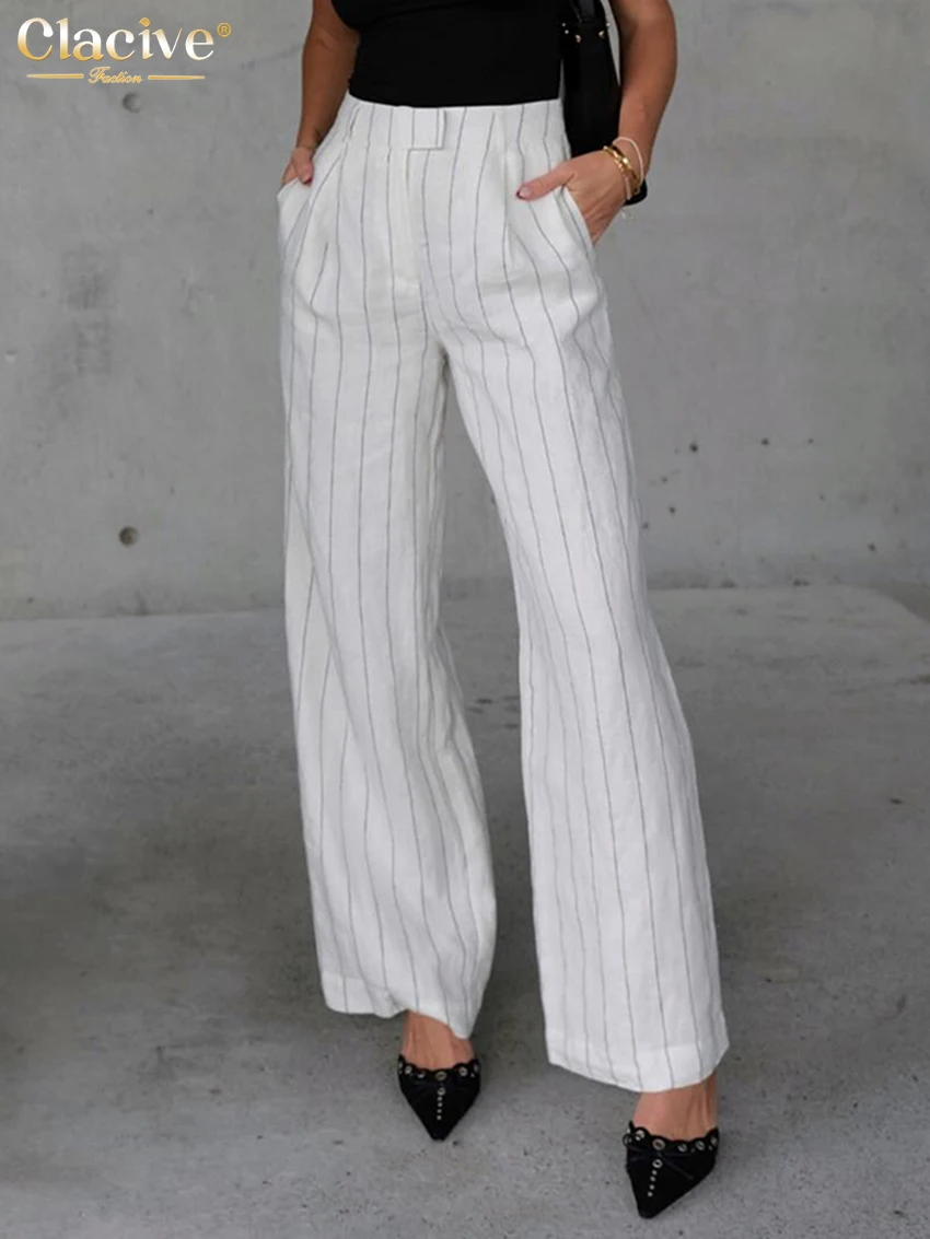 

Clacive Fashion Loose Stripe Women's Pants 2024 Casual High Waist Wide Trousers Elegant Classic Full Length Wide Pants Female