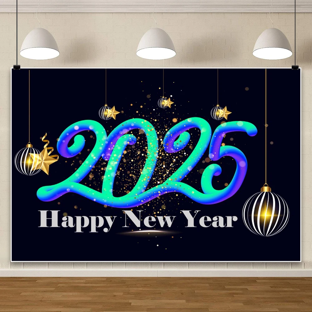 2025 New Year Photography Background Black and Gold Digital Countdown Gold Balloon Family Party Canvas Backdrop Photobooth Props