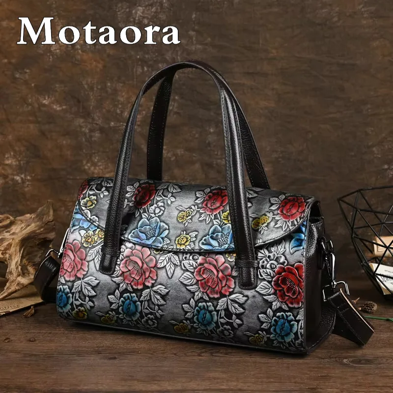 

MOTAORA Women's Handbag Genuine Cowhide Leather Hand-Painted Embossing, Vintage Retro Top Handle Purse, Shoulder & Crossbody Bag