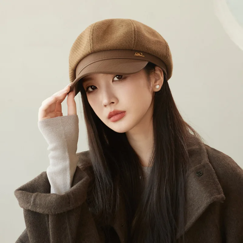 

Korean style women's hats for autumn and winter, retro leather brimmed octagonal hats, casual, fashionable and face-flattering