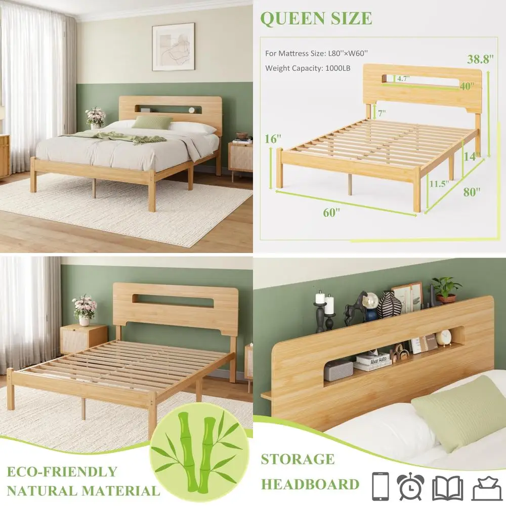 

Queen Size Bamboo Bed Frame with Storage Headboard and 14-Inch Platform, No Box Spring Needed, Steel Reinforced