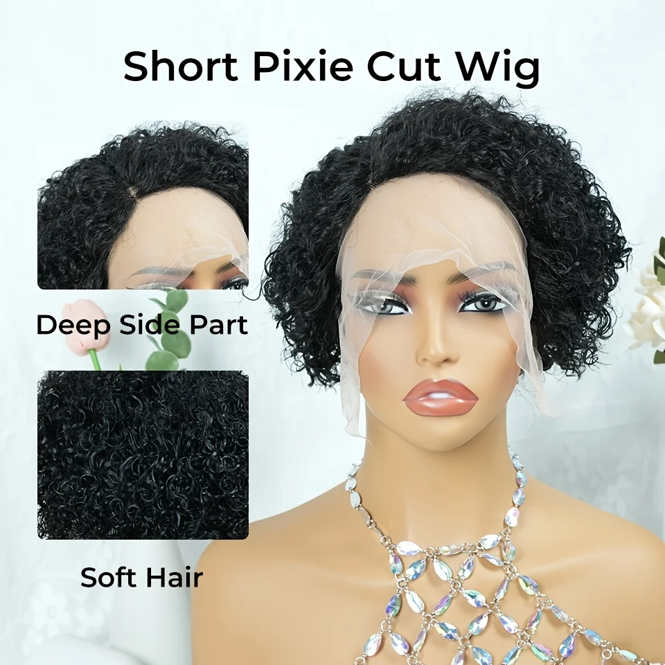 13X4X1 Lace Front Pixie Cut Wig 180% Density Brazilian Remy Human Hair Curly Style for Women Natural Look Short Black Wig