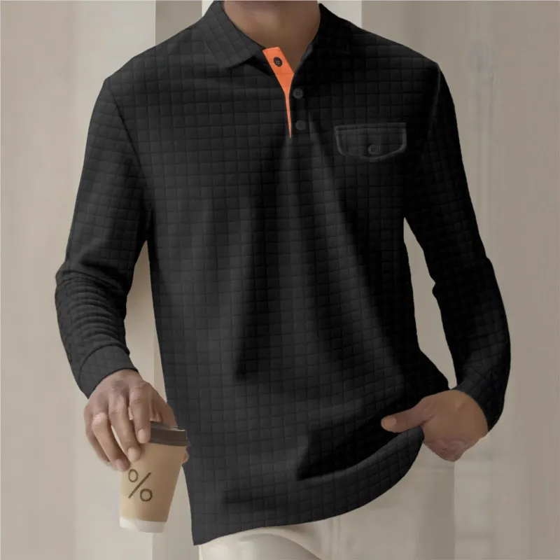 Autumn-winter Warm Mens long sleeved checkered POLO shirt Outdoor lapel Button Pockets Sports Top Casual Street Men's Undershirt