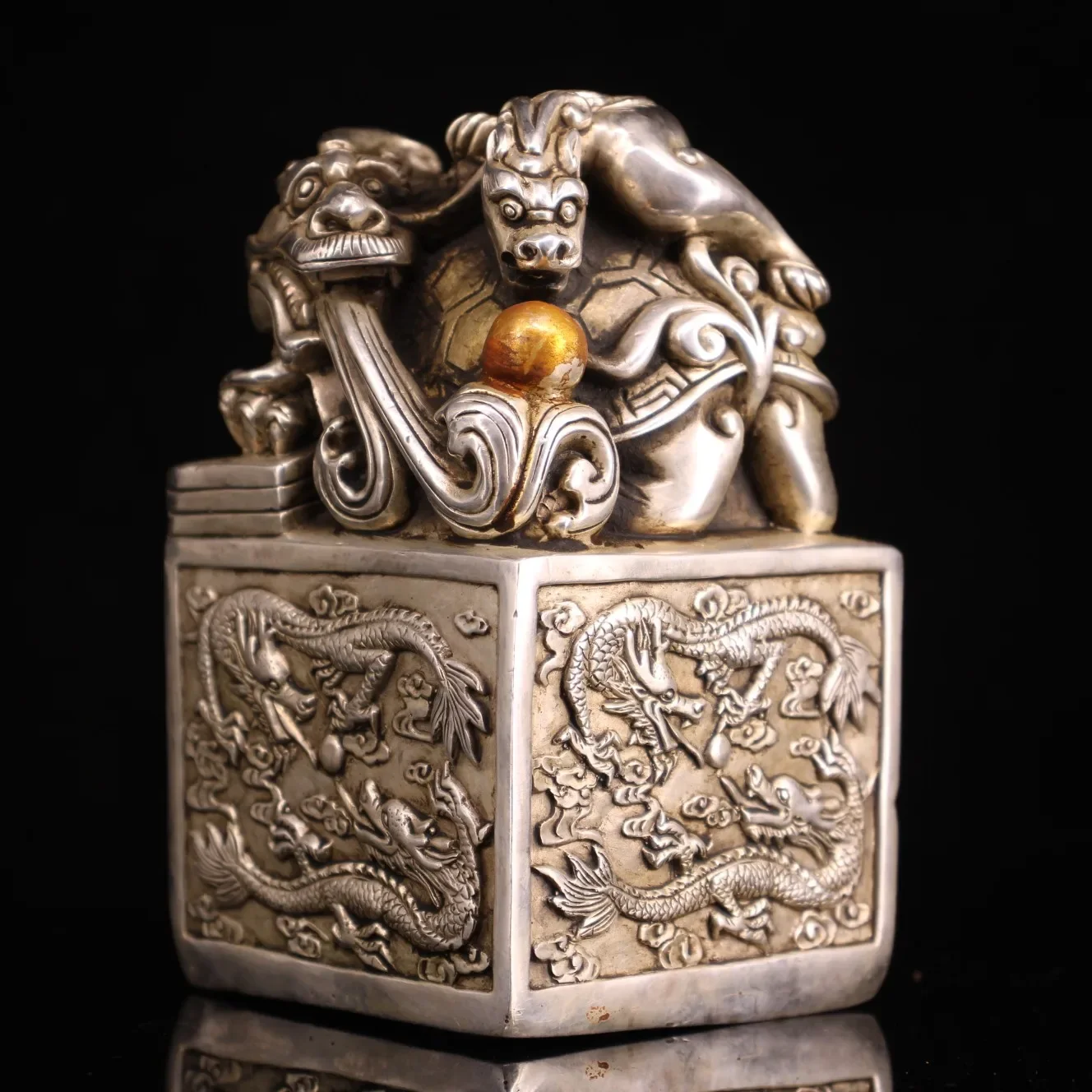 Collect China Dynasty White Copper Silver Dragon Turtle Seal Stamp Signet Statue