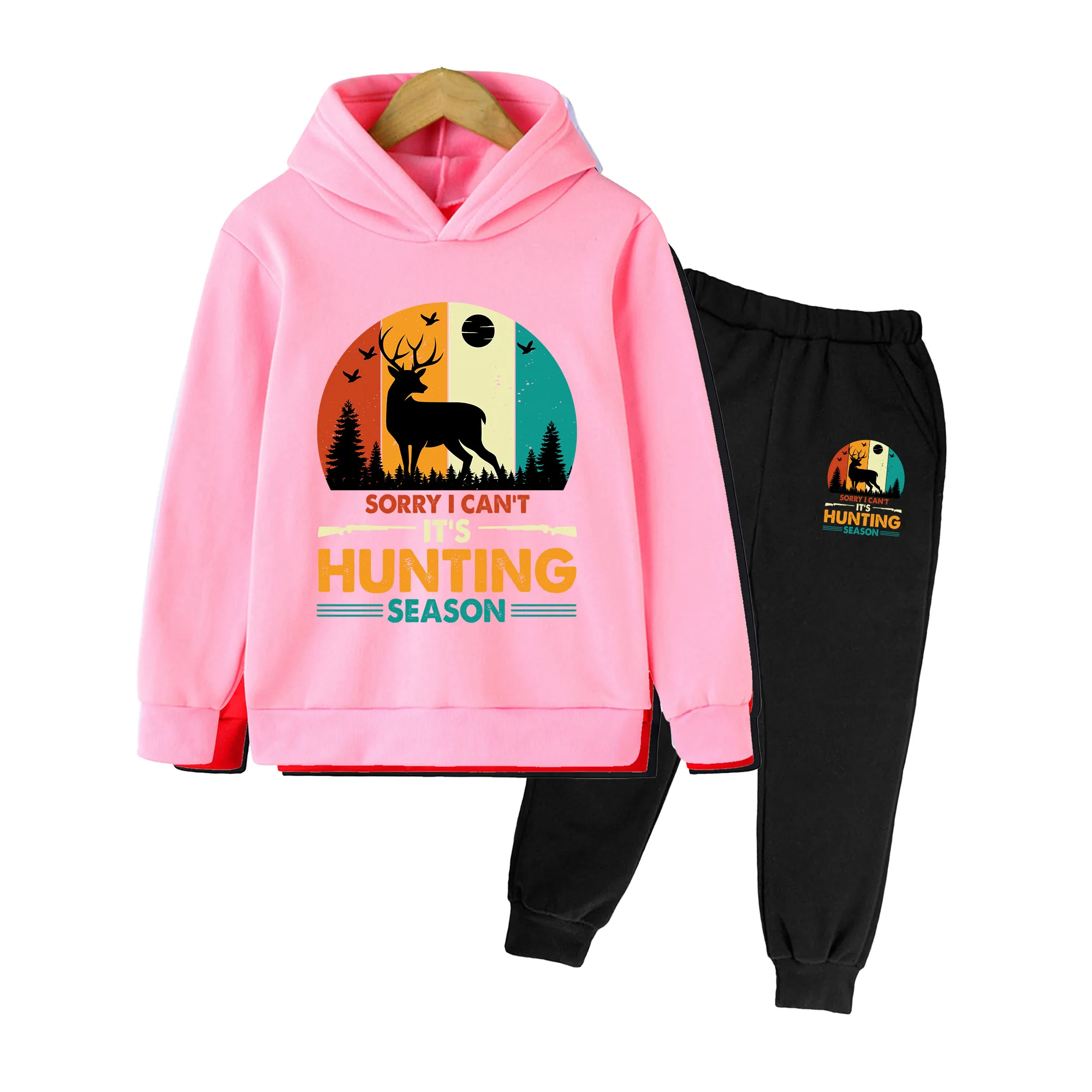 Kids Hoodie & Sweatpants Set, Retro Hunting Season Print, Casual Outdoor Sportswear for Boys Girls