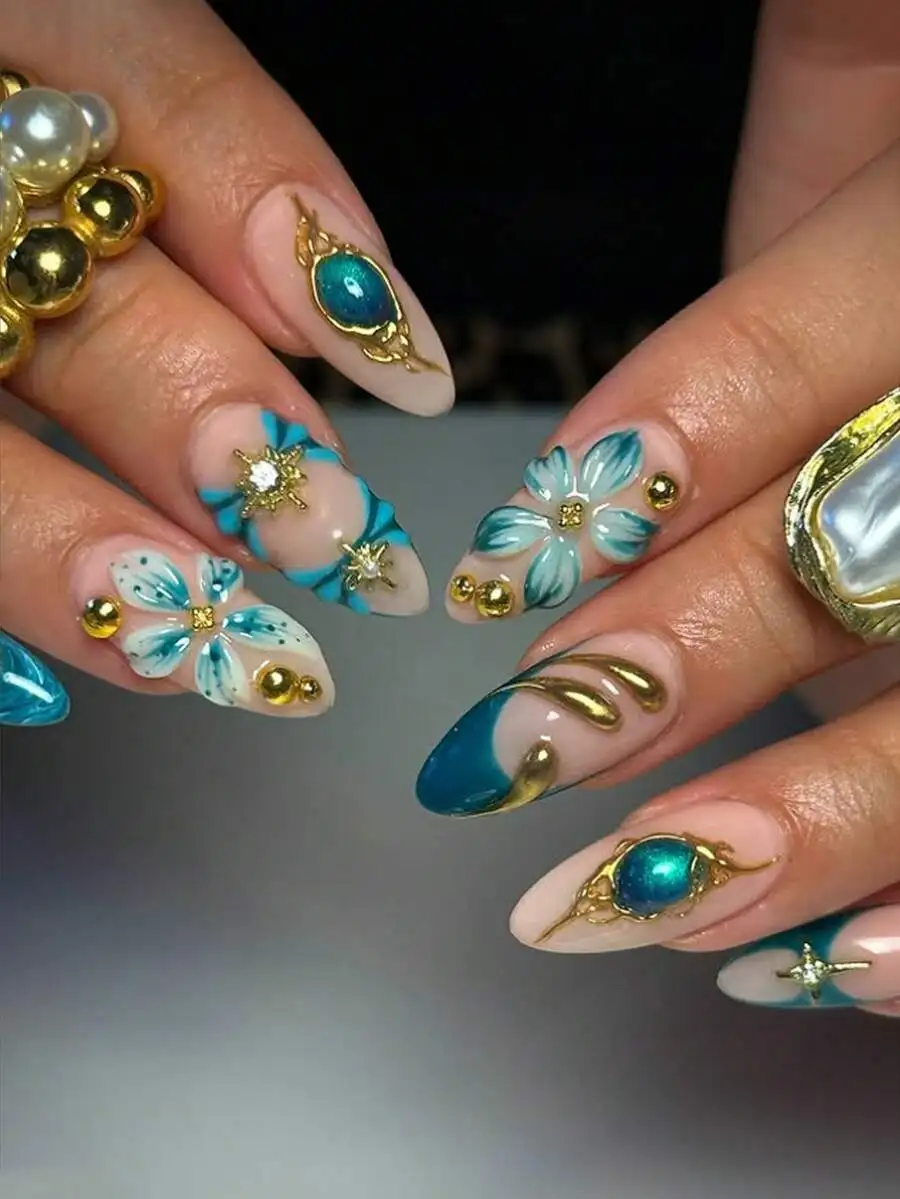

24pcs/Set French Almond-Shaped Green Cat Eye Gemstone Gilded Floral Cross Rhinestone Decor Sweet Press-On Full Cover False Nails