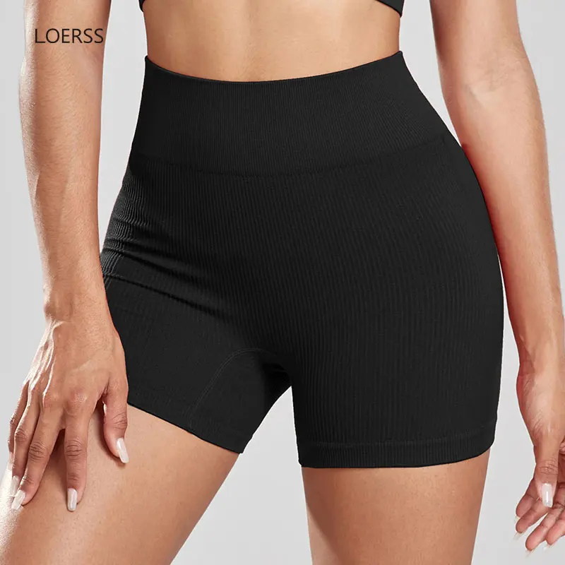 LOERSS Women\'s 2 Piece Yoga Shorts Seamless Ribbed High Waist Cross Over Athletic Leggings Workout Cycling Fitness Sports Shorts