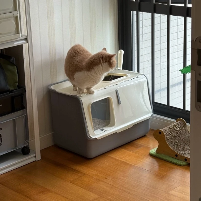 

Top Entry Enclosed Cat Litter Box Large Anti-Splash Odor Control Litter Tray Flip Top Cover Pet Toilet Jumbo Clear Cat Bedpans