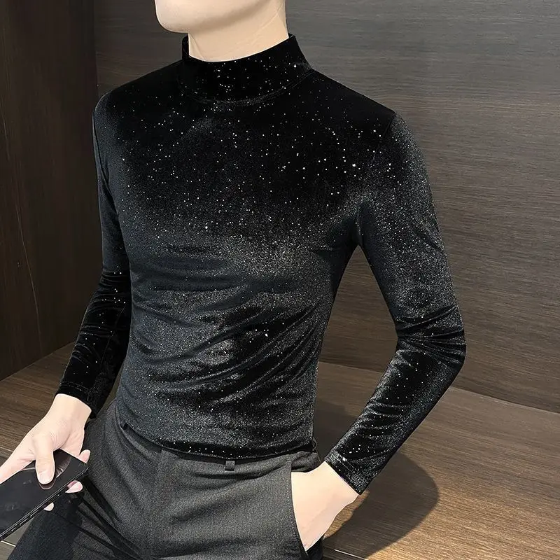 Men's Velvet Long Sleeve T Shirt 2026 New Style Autumn Winter Half High Collar Top All Over Star Pattern