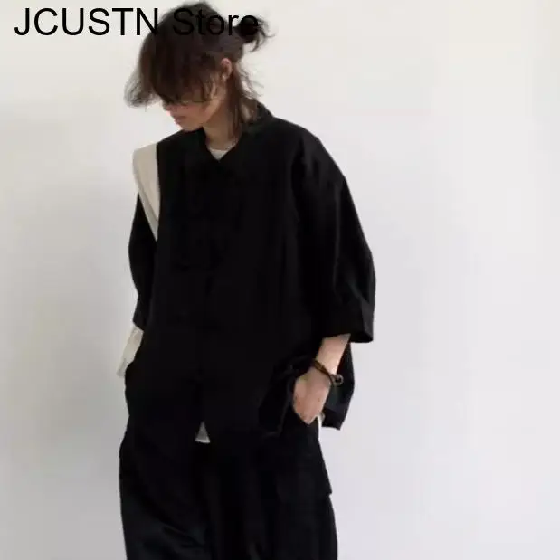 Short Sleeve Shirt Chinese Style Top Men Fashion Hanfu Shirt Vintage Button Down Jacket Casual Streetwear Loose Tang Clothes