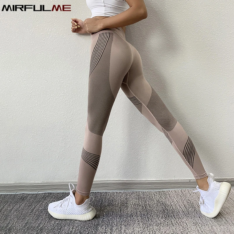 Women Seamless Leggings High Waist Yoga Pants Slim Stripes Running Trousers Elastic Squatproof Leggins Gym Fitness Tights Female