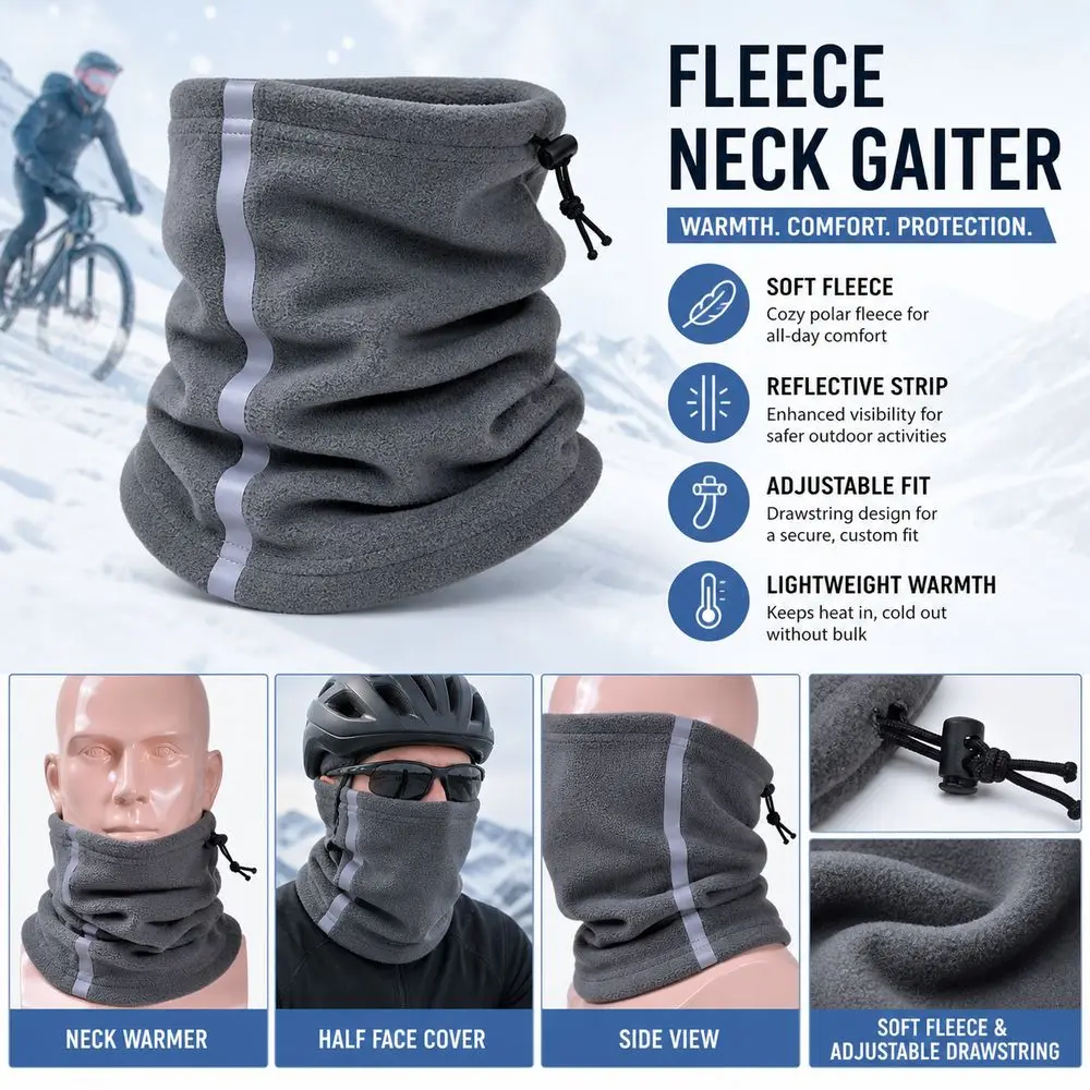 Polar Fleece Fleece Neck Gaiter Adjustable Drawstring Reflective Strip Winter Face Mask Thermal Insulation Lightweight