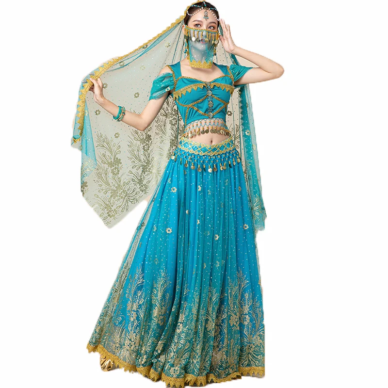 India Dance Costume Set Women Belly Dance Tops+Skirt+Waist Chain Halloween Outfit Set Stage Performance Practice Clothes