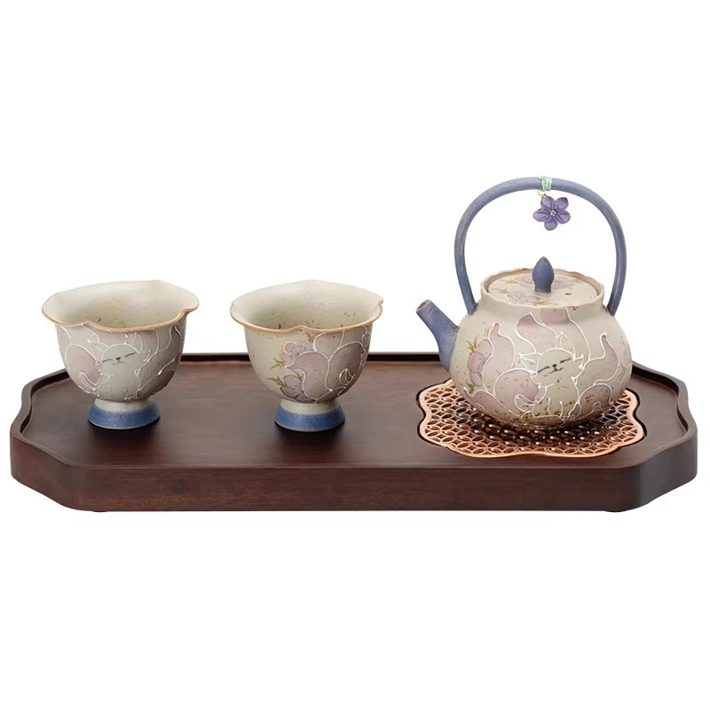 Hand-painted nine-tailed fairy fox lifting beam pot, high-footed cup ceramic one pot and two cups