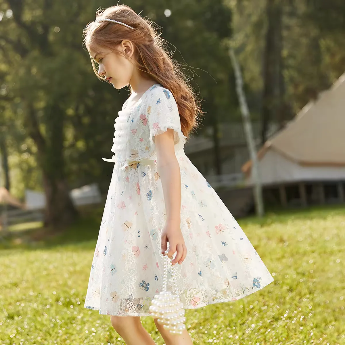 2024 new summer girls casual dress short sleeved princess dress flower mesh party children\'s clothing suitable for ages 2-10Y