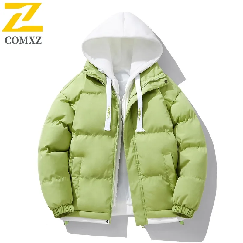 COMXZ Autumn Winter Cotton Coat Men Camping Windproof Winter Coat Trendy Korean Style Hooded Thickened Sport Casual Outerwear