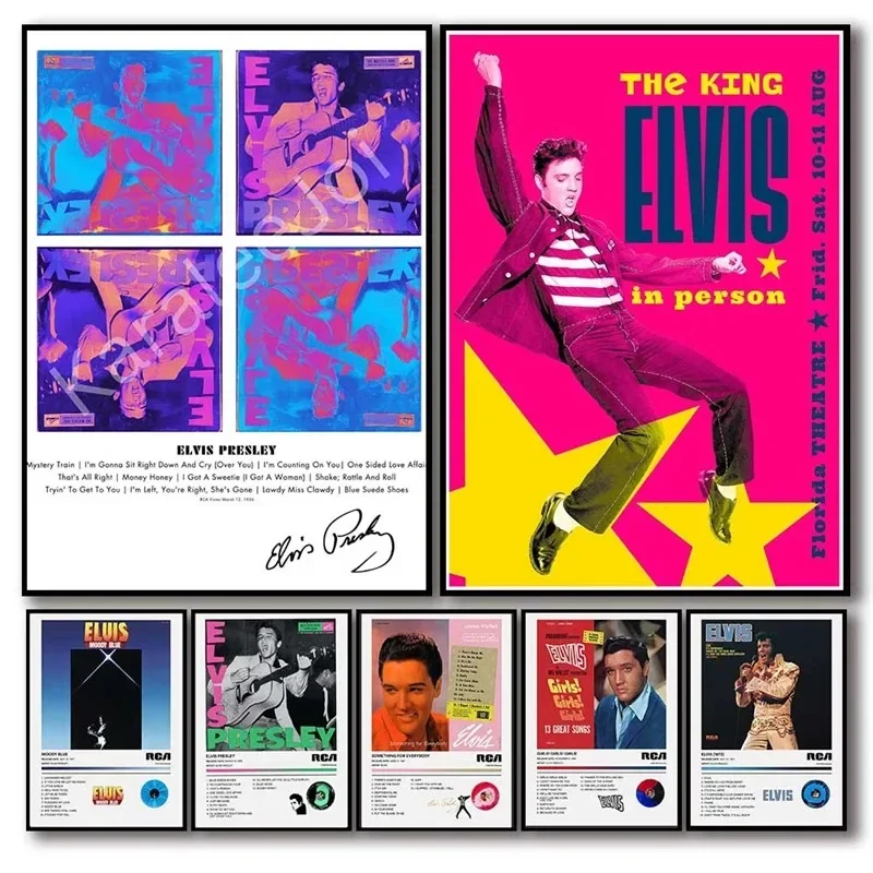 Pop Rock Singer Elvis Presley Poster Set Aesthetic Music Album Words Girls Rapper Guitar Canvas Print Wall Art Bar Room Decor