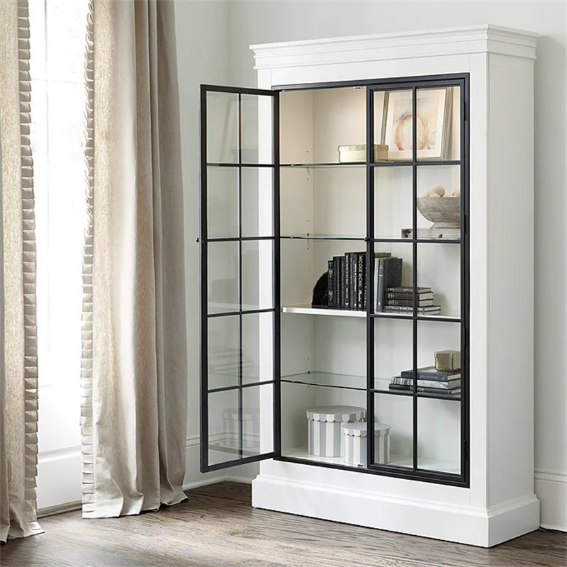 

Simple postmodern American solid wood double-door bookcase European white wrought iron glass door side cabinet 2-door file