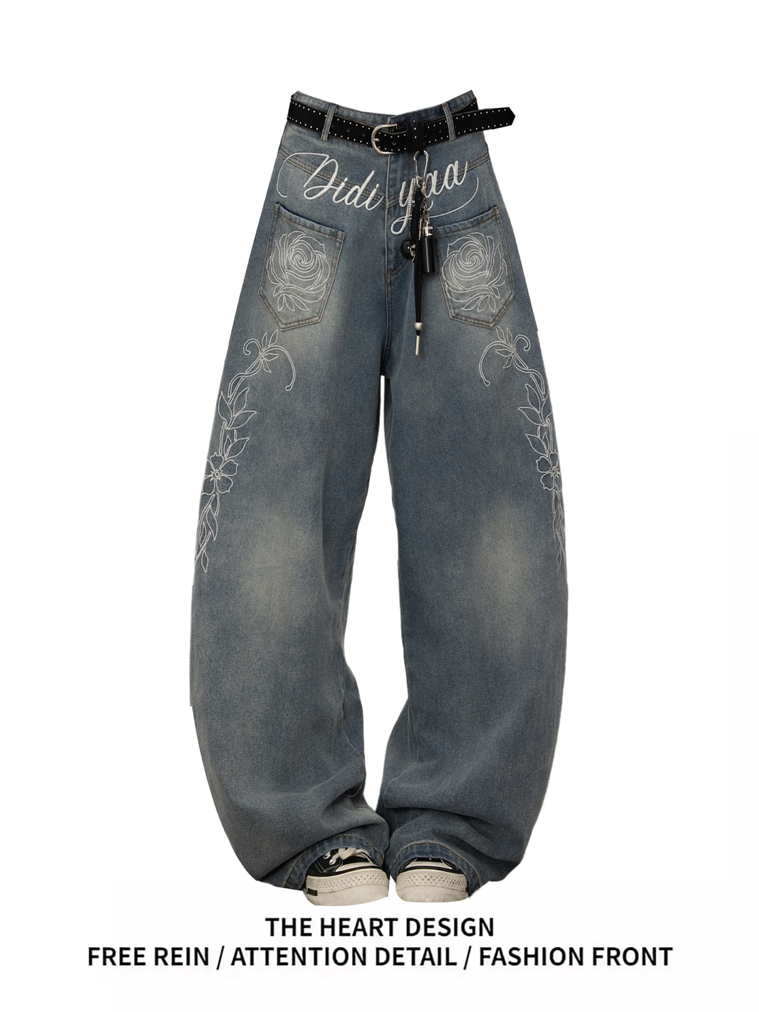 

Y2K Women's High Waist Wide Leg Jeans Vintage Washed Floral Rose Embroidery Loose Fit Denim Pants Streetwear Fashion Trousers