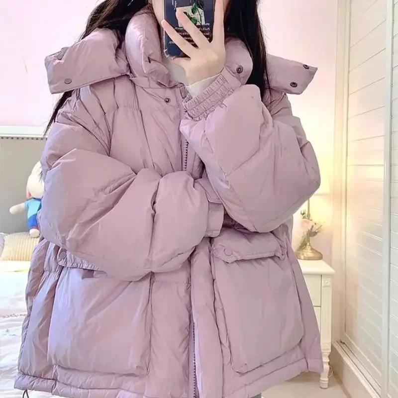 Short Puffer Jacket Women Winter Thick Solid Korean Oversized Cotton Padded Coat Female Hooded Casual Parkas Mujer Outwear