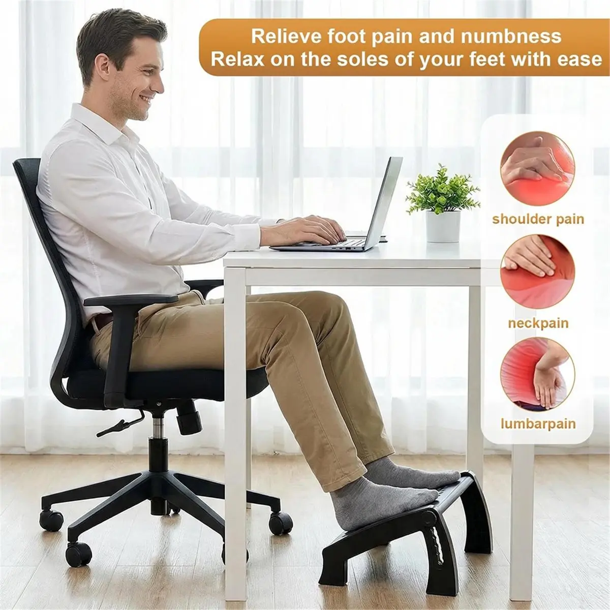 newA10R Ergonomic Adjustable Under Desk Foot Rest with Massage Rollers, 6-Level Height Adjustment for Home Use