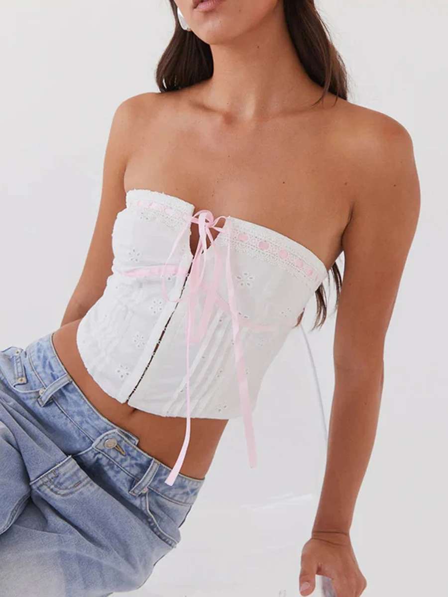 Women s Summer  Tube Tops Strapless Pink Satin Ribbon Decor Hook and Eye Vest  Show Navel Bustier Tops