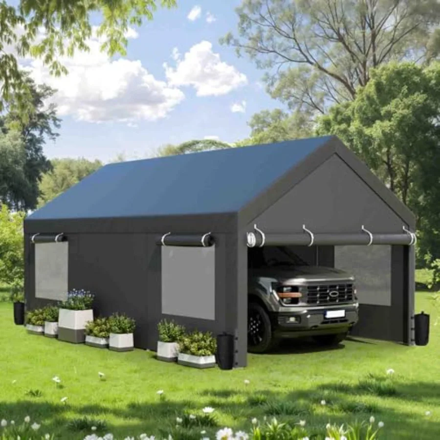 10x20 ft Carport, Heavy Duty Carport with Roll-up Windows, Portable Garage with Removable Sidewalls and Doors, Car Canopy with