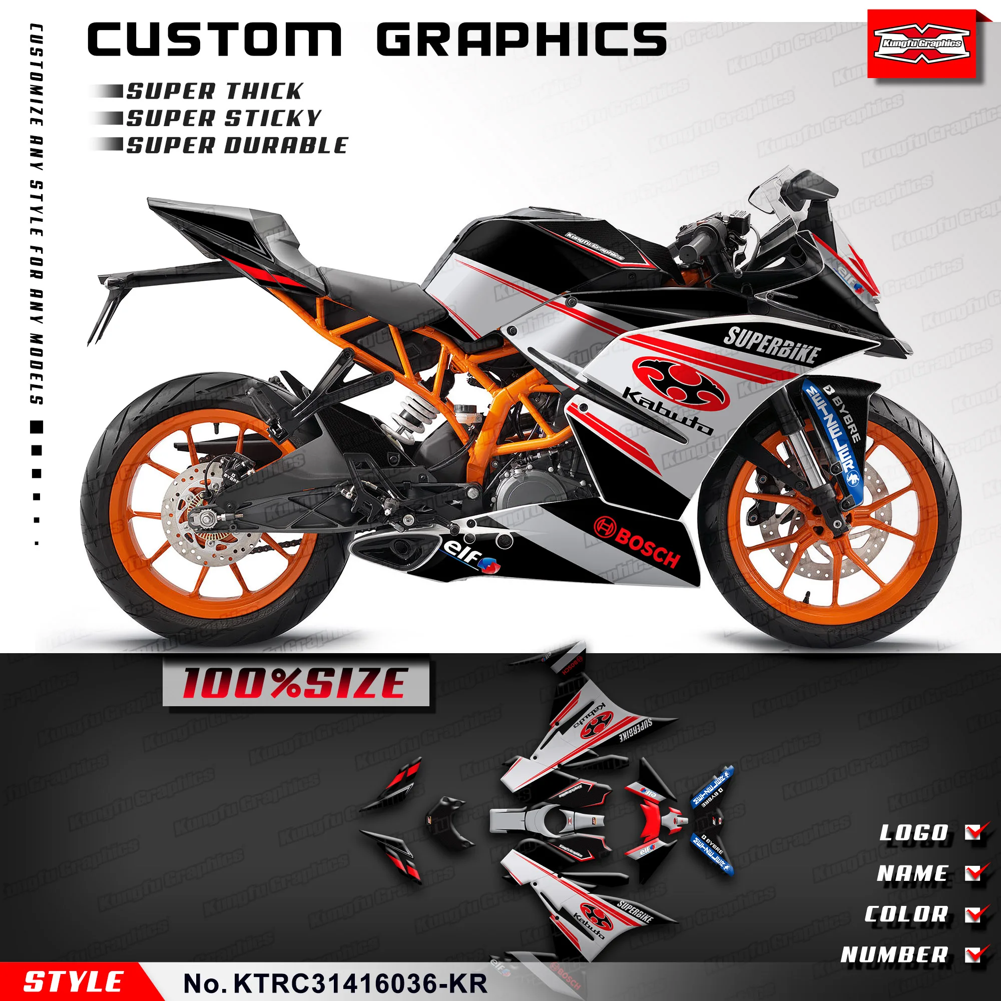 

KUNGFU GRAPHICS Team Stickers Vinyl Decal Kit for KTM RC 390 125 200 250 2014 2015 2016 , KTRC31416036-KR