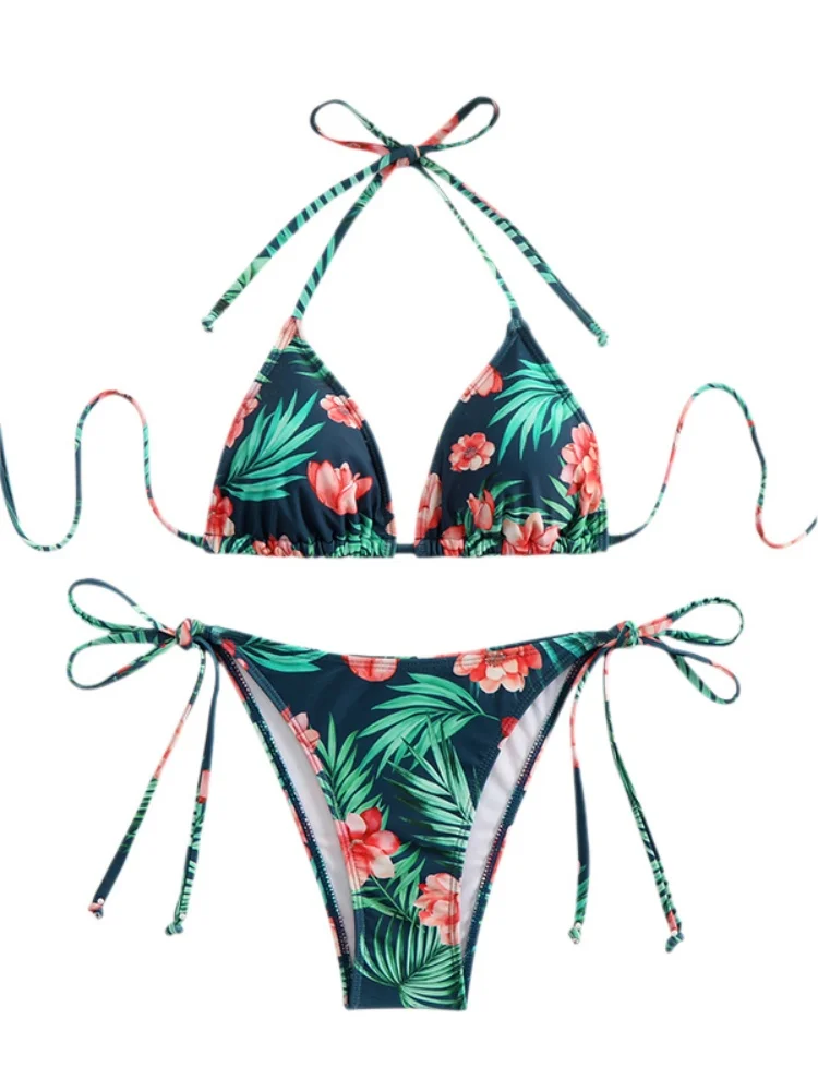 Bikini Damski Strój Kąpielowy 2025 Nowy Wzór Zielony Halter Bikini Zestaw Seksowny Sznurowany Strój Kąpielowy Letni Dwuczęściowy Strój Plażowy Kąpielowy Damski